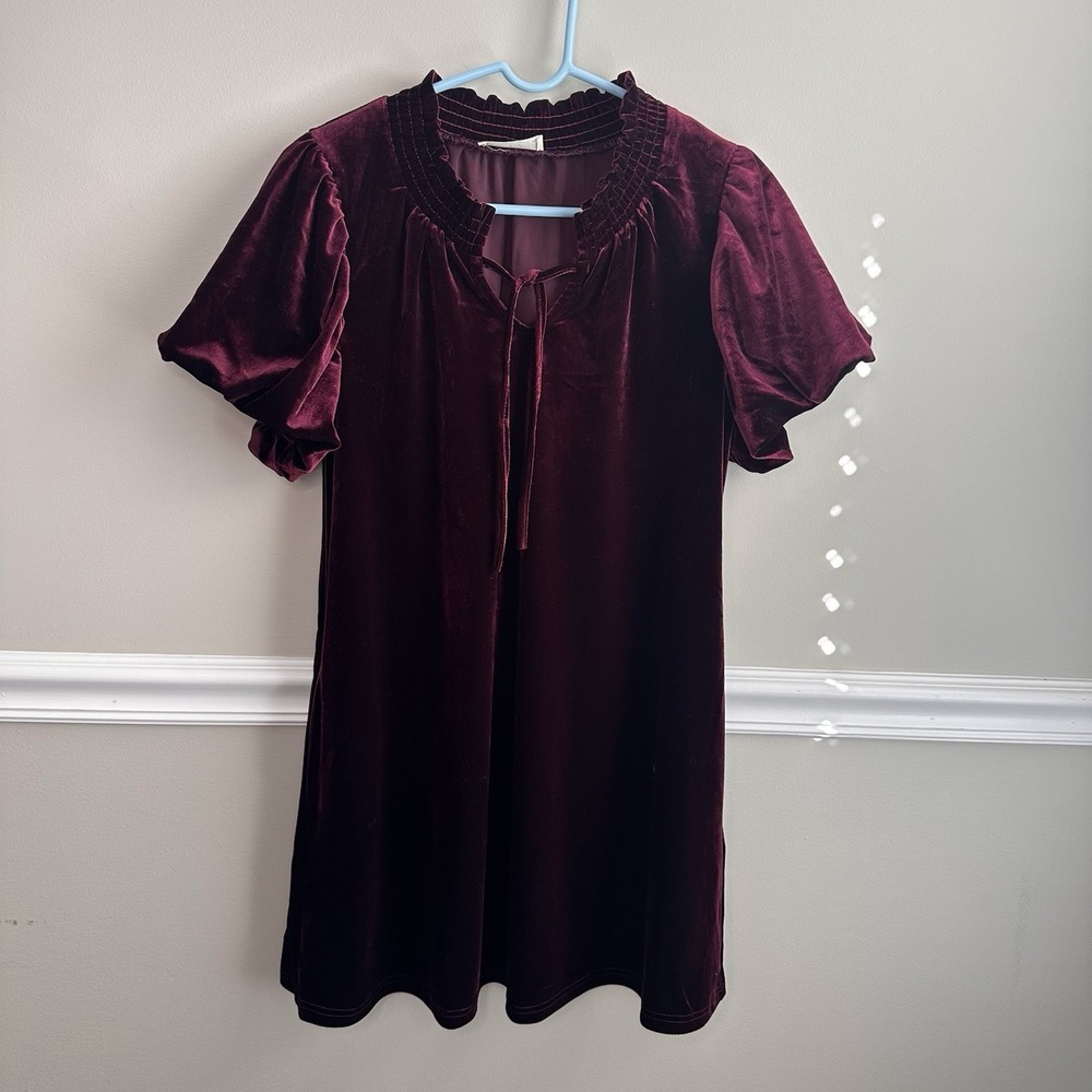 Burgundy Velvet Smocked Tie Neck Puff Sleeve Mini Dress M Pockets Holiday Party